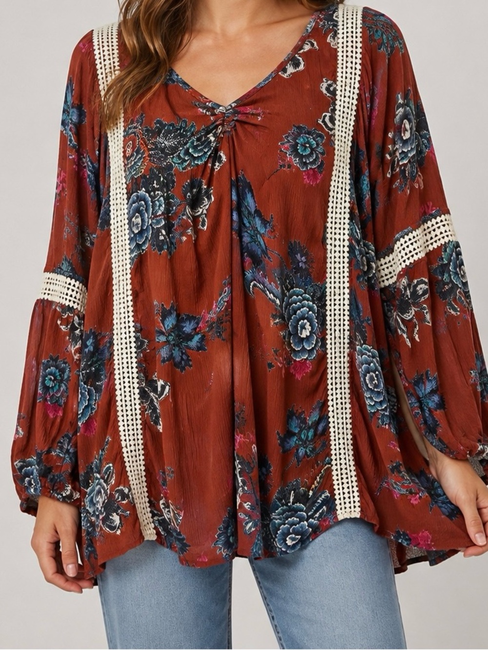 Anandas Collection Rust Floral Rayon Boho Crochet Tunic Blouse